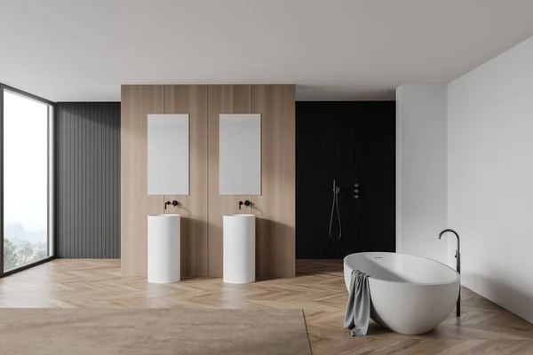 全景浴室的内部有白色和木制墙壁 木制地板 舒适的浴缸 淋浴间和带有镜子的双层水池 云雾弥漫的山景 3D渲染 — 图库照片