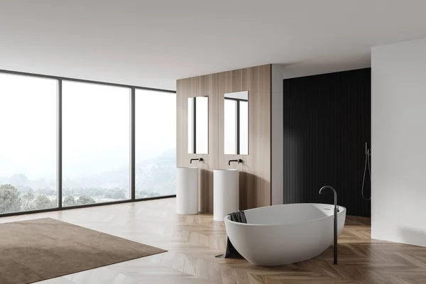 Corner Panoramic Bathroom White Wooden Walls Wooden Floor Comfortable Bathtub — Stock Photo, Image