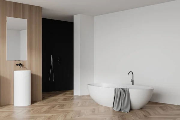 现代浴室的拐角处 有白色和木制墙壁 木制地板 淋浴间 舒适的浴缸和带有镜子的圆形水池 3D渲染 — 图库照片