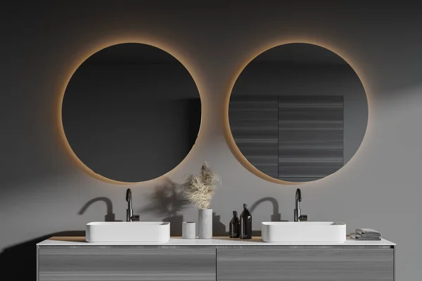 Close Cozy Double Sink Two Mirrors Standing Dark Wooden Countop — стоковое фото