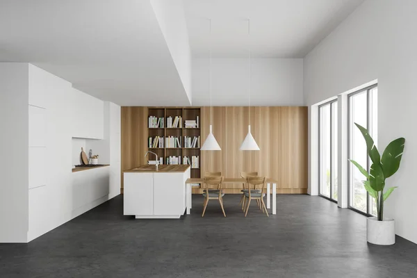 现代化厨房的内部 有白色和木制墙壁 混凝土地面 白色台面 舒适的岛屿 餐桌和书柜 乌黑的热带景色 3D渲染 — 图库照片