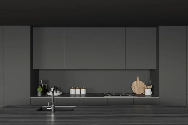 舒适的黑色木制岛屿 内置水池 厨房时尚 灰色墙壁 灰色台面和橱柜 3D渲染 — 图库照片