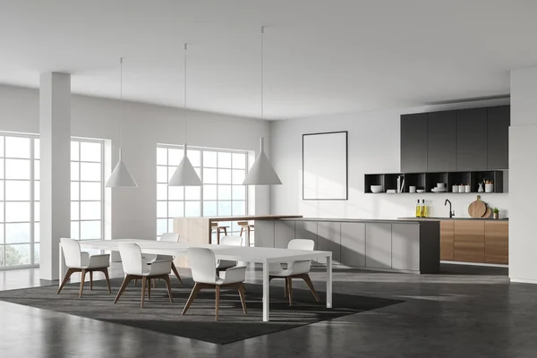 Corner Modern Kitchen White Walls Concrete Floor Long White Dining — Stock Photo, Image