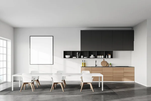 Interior of modern kitchen with white walls, concrete floor, long white  dining table and wooden cabinets. Mock up poster and blurry mountain view.  3d rendering | Stock Images Page | Everypixel