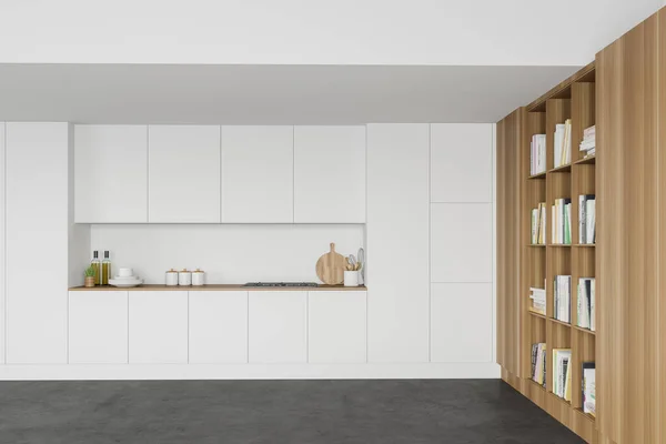 Interior Cocina Moderna Con Paredes Blancas Madera Suelo Hormigón Encimeras —  Fotos de Stock