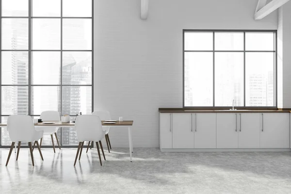 Interior Cozinha Minimalista Com Paredes Tijolo Branco Piso Concreto Bancadas — Fotografia de Stock