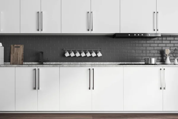 Interior Stylish Kitchen Gray Brick Walls Wooden Floor White Cupboards — Stock Photo, Image