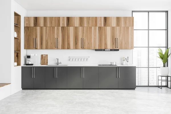 Interior Modern Kitchen White Brick Walls Concrete Floor Wooden Cupboards — Stock Photo, Image