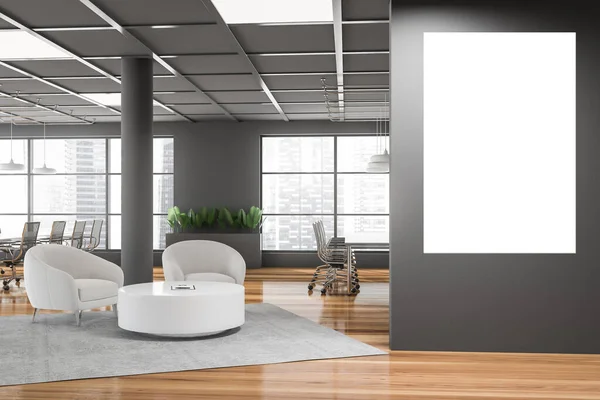 Interieur Des Panorama Konferenzraums Mit Grauen Wänden Holzboden Zwei Konferenztischen — Stockfoto