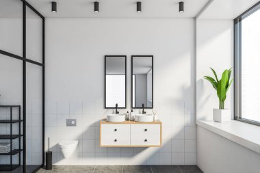 Modern banyo, beyaz fayanslı duvarlar, çift lavabo, iki ayna ve tuvalet. Bulanık şehir manzarası. 3d oluşturma