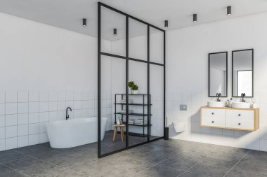 Modern banyonun köşesinde beyaz fayanslı duvarlar, rahat banyo küveti, iki aynalı çift lavabo ve tuvalet. 3d oluşturma