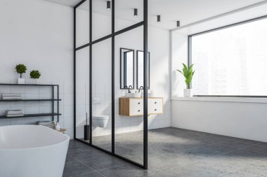 Modern banyonun köşesinde beyaz fayanslı duvarlar, rahat banyo küveti, iki aynalı çift lavabo ve tuvalet. Bulanık şehir manzarası. 3d oluşturma