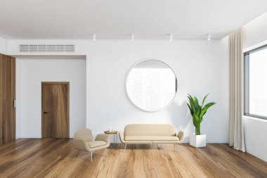 Beyaz duvarları, ahşap zemini, rahat bej koltuğu, koltuğu ve yuvarlak aynası olan modern oturma odasının içi. Bulanık şehir manzarası. 3d oluşturma
