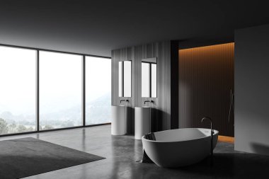 Panoramik banyonun köşesinde gri ve koyu ahşap duvarlar, beton zemin, rahat küvet, duş kabini ve çift taraflı aynalar var. Bulanık dağ manzarası. 3d oluşturma