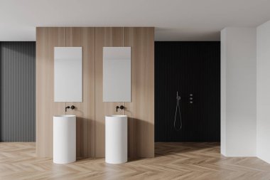 Beyaz ve ahşap duvarlı modern banyonun içi, ahşap zemin, çift lavabolu aynalar ve duş kabini. 3d oluşturma