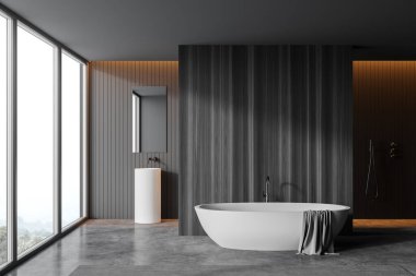 Gri ve koyu ahşap duvarları, beton zemini, duş kabini, rahat küveti ve aynalı yuvarlak lavabosu olan şık bir banyo. Bulanık dağ manzarası. 3d oluşturma