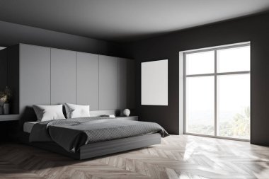 Ana yatak odasının köşesinde gri duvarlar, ahşap zemin, rahat kral yatağı, bulanık dağ manzaralı pencere ve dikey maket poster. 3d oluşturma