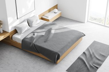 Büyük yatak odasının beyaz duvarları, beton zemin, rahat kral yatağı, bulanık dağ manzaralı pencere ve dikey maket posteri. 3d oluşturma