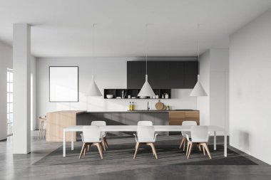 Beyaz duvarları, beton zemini, uzun beyaz yemek masası tabureleri ve ahşap dolapları olan modern mutfağın içi. Posteri düzenle. 3d oluşturma