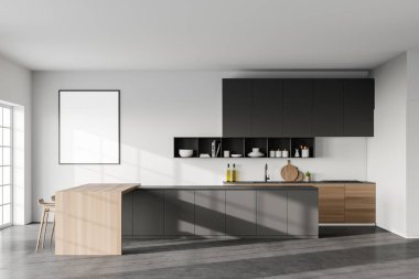 Beyaz duvarları, beton zemini, tabureleri ve ahşap dolapları olan modern mutfağın içi. Posteri düzenle. 3d oluşturma