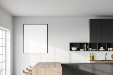 Modern mutfağın beyaz duvarları, tabureleri ve ahşap dolapları olan bir barı kapatın. Posteri düzenle. 3d oluşturma