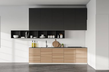 Beyaz duvarları, beton zemini, gri dolapları ve ahşap dolapları olan modern mutfak. 3d oluşturma
