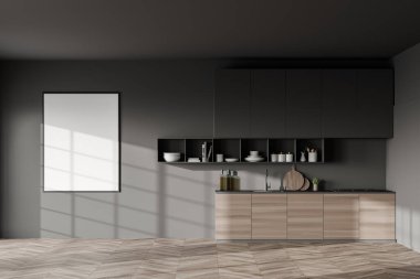 Gri duvarları, ahşap zemini, gri dolapları ve ahşap dolapları olan şık bir mutfak. Poster çerçevesini düzenle. 3d oluşturma