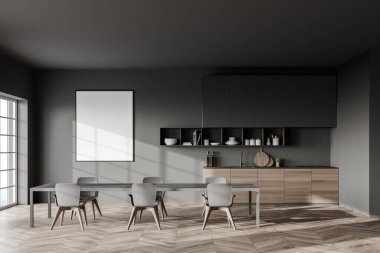 Gri duvarları, ahşap zemini, uzun gri yemek masası ve ahşap dolapları olan şık bir mutfak. Posteri ve bulanık dağ manzarasını taklit et. 3d oluşturma