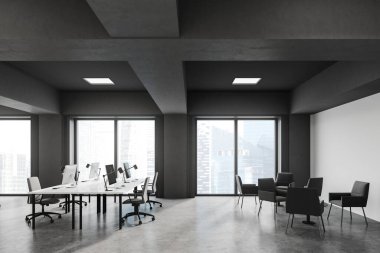 Gri ve beyaz duvarları, beton zemini, beyaz bilgisayar masaları ve koltuklu oturma odası olan endüstriyel tarzda açık bir uzay ofisi. Bulanık şehir manzarası. 3d oluşturma