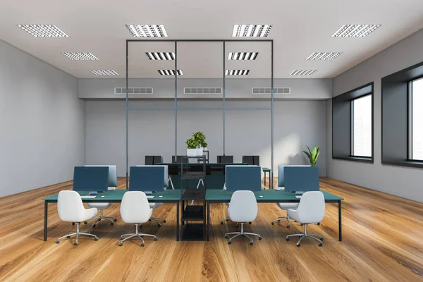 带有灰色墙壁 木制地板 带有白色椅子的蓝色电脑桌和城市景观模糊的窗户的现代开放空间办公室的内部 3D渲染 — 图库照片
