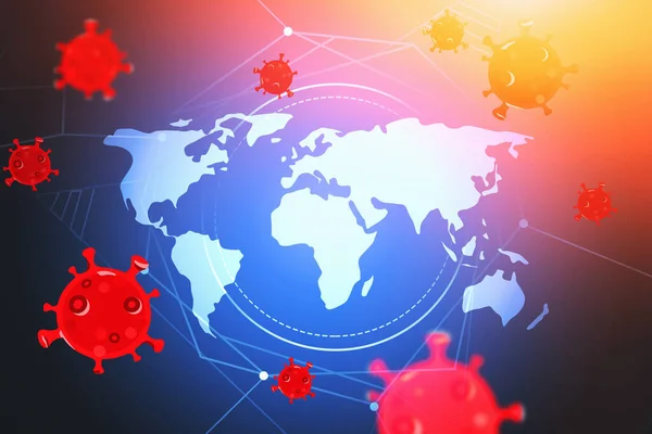 2019 ncov pandemic concept. World map and covid 19 coronavirus over blurry blue red background. 3d rendering toned image double exposure