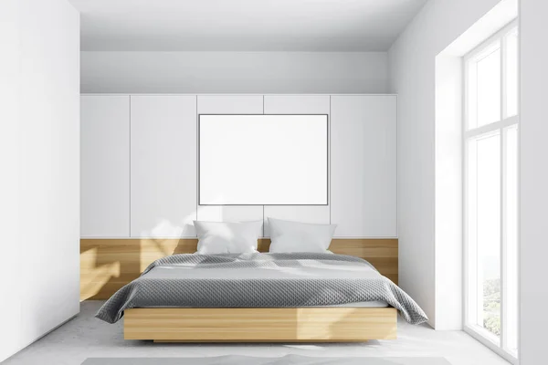 Interieur Van Minimalistische Master Bedroom Met Witte Muren Betonnen Vloer — Stockfoto