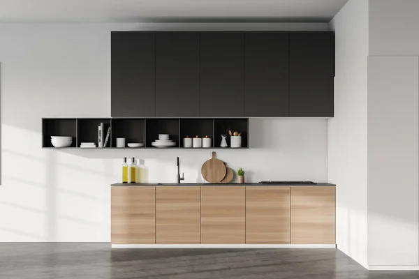 Interior Cozinha Moderna Com Paredes Brancas Piso Concreto Armários Cinza — Fotografia de Stock