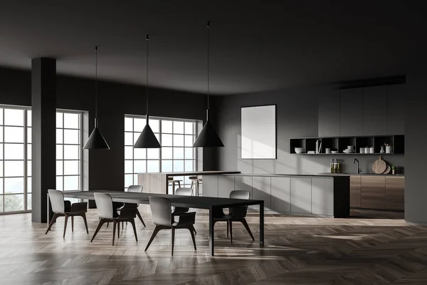 Ecke Der Stilvollen Küche Mit Grauen Wänden Holzboden Langem Grauen — Stockfoto