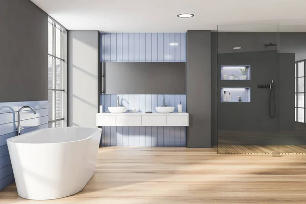파란색 타일과 현대식 욕실의 거울과 샤워실 싱크대가 렌더링 — 스톡 사진