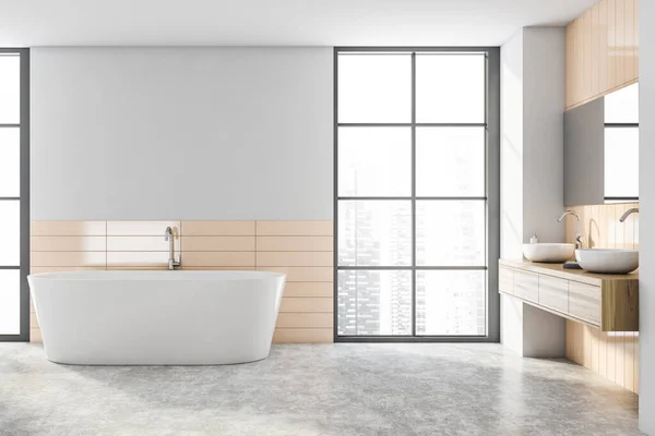 Interior Stylish Bathroom Beige Tiled Gray Walls Concrete Floor Comfortable — Stock Photo, Image