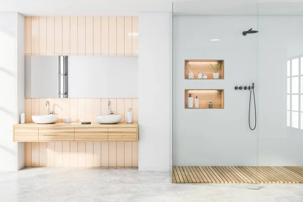 Interno Elegante Bagno Con Piastrelle Beige Pareti Grigie Pavimento Cemento — Foto Stock