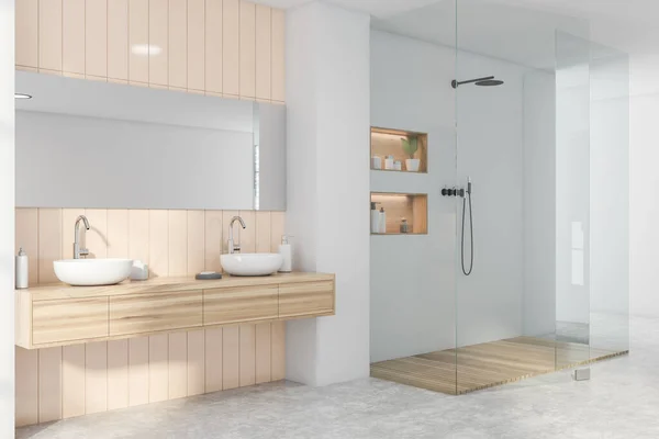 베이지 벽돌과 거울과 샤워기 싱크대가 욕실의 렌더링 — 스톡 사진