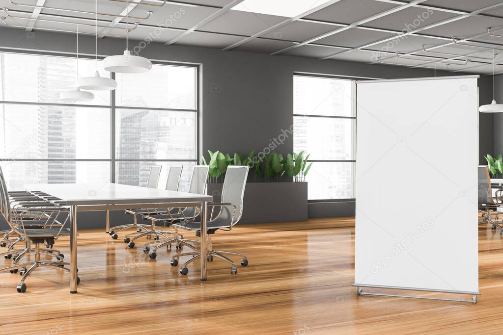 Interior of panoramic meeting room with gray walls, wooden floor, two conference tables with metal chairs and flower beds. Blurry cityscape. Mock up poster on floor. 3d rendering