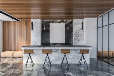 Modern oturma odasında, siyah mermer duvarları ve mermer zemini olan beyaz koltuklu rahat bir bar. Posteri düzenle. 3d oluşturma