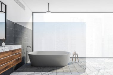 Lüks banyonun yanında beyaz ve siyah duvarlar mermer zemin, rahat bir küvet ve ahşap tezgahta ayna olan çift lavabo. 3d oluşturma