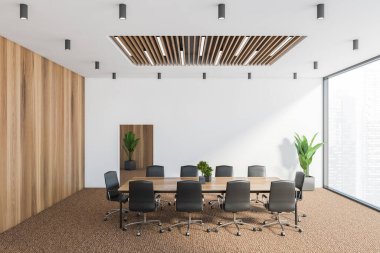 Beyaz ve ahşap duvarlı, halı döşeli, siyah sandalyeli uzun toplantı masası olan modern konferans odasının içi. 3d oluşturma