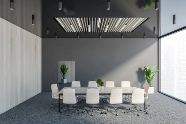 Gri ve ahşap duvarları, halılı zemini, beyaz sandalyeli uzun toplantı masası olan şık bir konferans odası. 3d oluşturma
