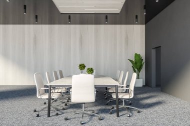 Gri ve ahşap duvarları olan şık konferans salonunun yan görüntüsü, halı döşeli zemin, beyaz sandalyeli uzun toplantı masası. 3d oluşturma