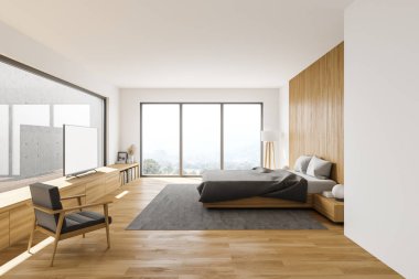 Beyaz ve ahşap duvarları, ahşap zemini, rahat kral yatağı ve koltuğu olan modern yatak odasının içi. 3d oluşturma