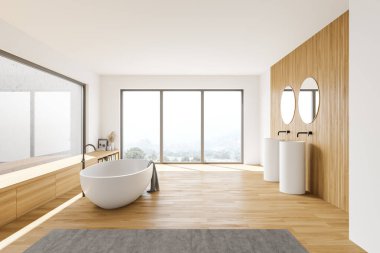 Ahşap ve beyaz duvarları, rahat küveti ve yuvarlak aynalı iki lavabosu olan modern banyonun içi. 3d oluşturma