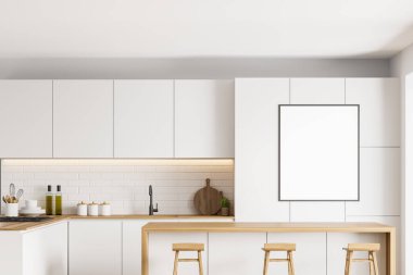 Beyaz ve tuğladan duvarları, beyaz dolapları ve tabureli barları olan modern mutfağın içi. Dikey maket posteri. 3d oluşturma