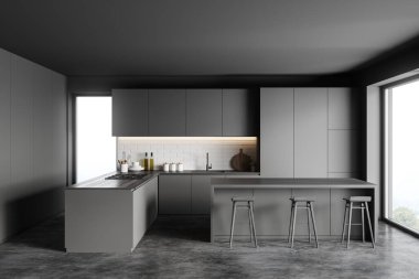 Gri ve tuğladan duvarları, beton zemini, gri dolapları ve tabureli barları olan şık bir mutfak. 3d oluşturma