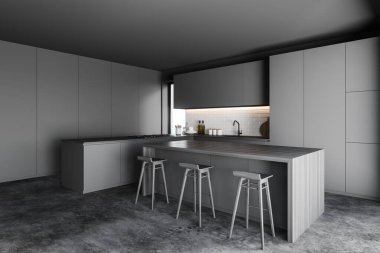 Gri ve tuğladan duvarları, beton zemini, gri dolapları ve ahşap tabureli barı olan şık bir mutfağın köşesi. 3d oluşturma