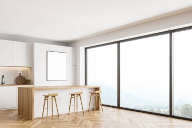 Beyaz ve tuğladan duvarları, beyaz dolapları ve tabureli barları olan modern mutfağın köşesi. Dikey maket posteri. 3d oluşturma